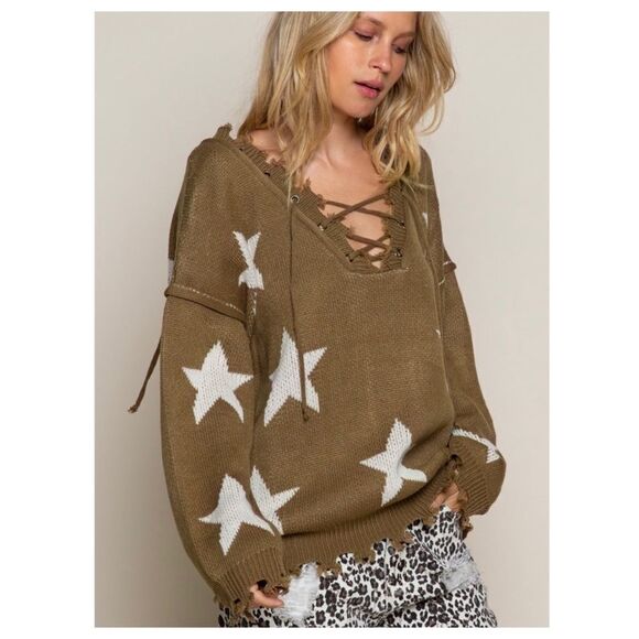 𝅺pol Boho Sweater w/ Tattered Edges & Lace-Up Front/Back - Picture 10 of 11